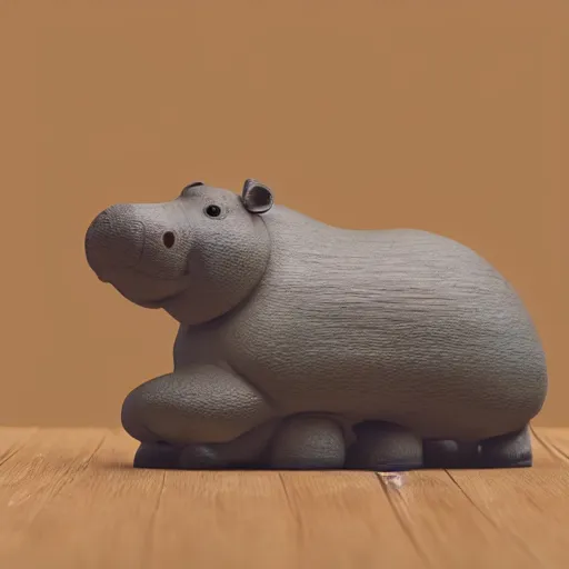 Image similar to side view of a simplified hippo figurine ( made of wood )!!!! and centered on a white to grey gradient background, wood grain, photorealistic, hyperrealistic, influenced by pixar, 8 k hd, octane render, unreal engine, featured on cgsociety