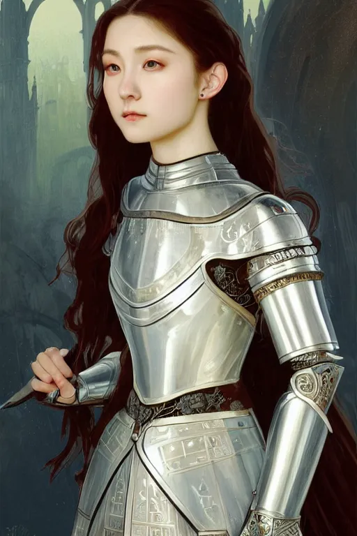 Prompt: beautiful and victorian and holy and divine and elite young medieval female white armor knight portrait like twice tzuyu+shinny eyes+front face with light flowing hair, ultradetail face, art and illustration by tian zi and craig mullins and WLOP and alphonse mucha, fantasy, intricate complexity, human structure, human anatomy, fantasy character concept, watermark, blurry, hyperrealism 8k