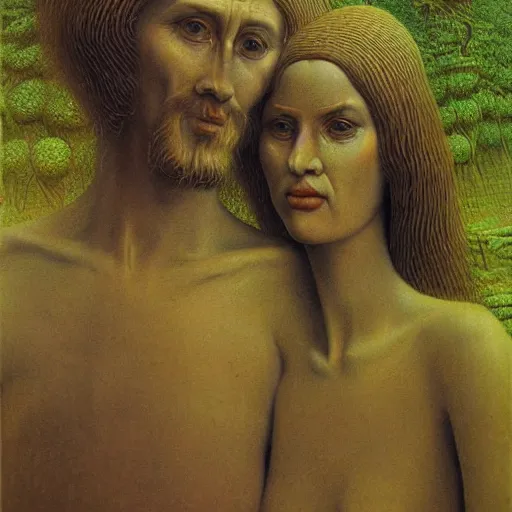 Prompt: masterpiece closeup portrait of Adam and Eve in the style of Zdzislaw Beksinski