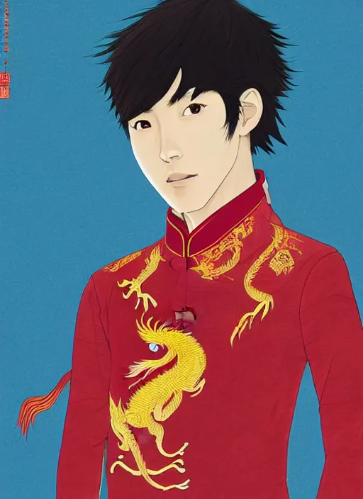 Image similar to concept art, a young chinese man with a pair of phoenix eyes, looks like kimura takuya, fair complexion, straight nose, thin lips, delicate eyebrows, handsome and elegant, wearing a chinese tunic suit with a red chinese dragon embroidered on it, conrad roset, japanese manga style, flume cover art