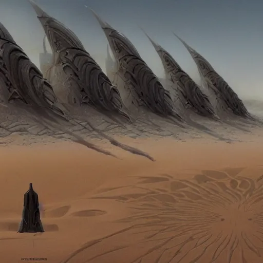 Prompt: concept art of Dune architecture, matte painting, masterpiece by Villeneuve