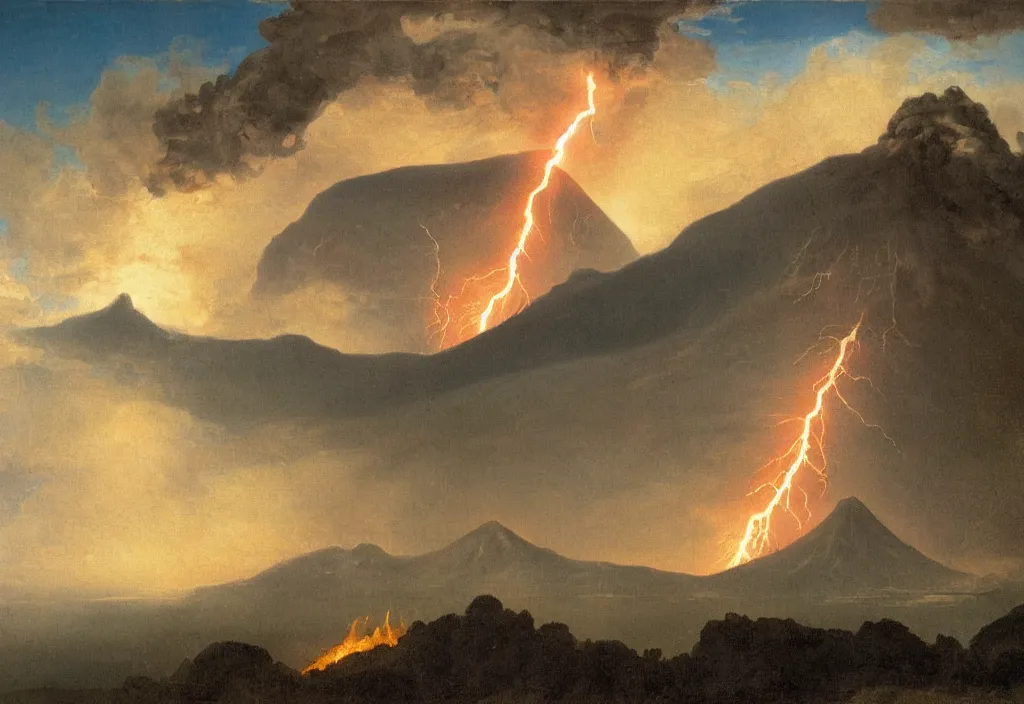 Image similar to a beautiful painting of a volcano oozing lava, pyroclastic clouds forming from the mouth of the volcano with lightning inside, in the background there are other mountains and a thick forest, there's a lake in the foreground with lush vegetation by albert bierstadt, high resolution, excellent contrast, morning