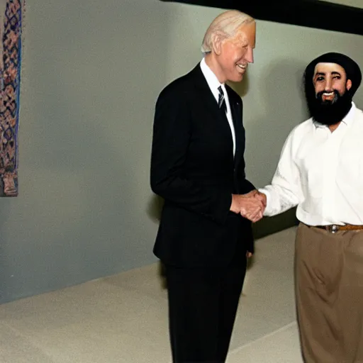 Image similar to joe biden shaking hand of osama bin laden, ultra realistic, canon 3 5 mm photography