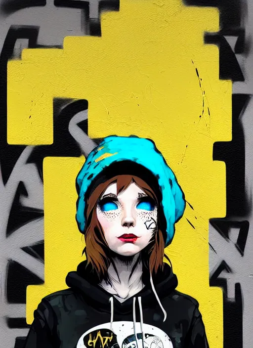 Image similar to highly detailed portrait of a sewer punk lady student, blue eyes, tartan hoody, hat, white hair by atey ghailan, by greg tocchini, by kaethe butcher, by alex horley, by bruce timm, gradient yellow, black, brown and cyan color scheme, grunge aesthetic!!! ( ( graffiti tag wall ) )