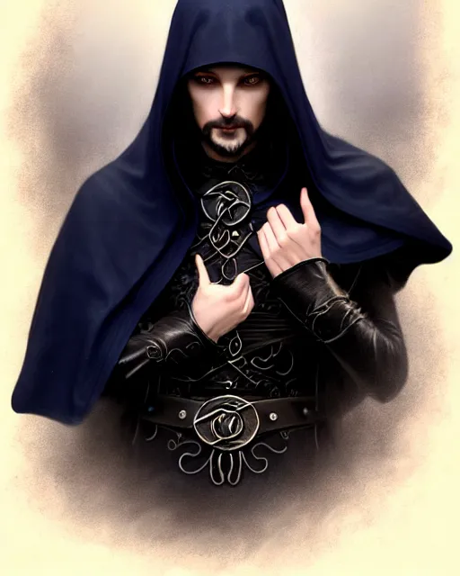 Image similar to mystical male mage face portrait, long black hair blue eyes wearing leather mantle gothic navy cloak with leather details, cliffside town, fantasy character portrait, ultrarealistic, intricate details, elegant, cinematic lighting, highly detailed, artstation, d & d art, cgsociety, sharp focus, beautiful digital painting by artgerm, gerald brom, wlop, alphonse mucha