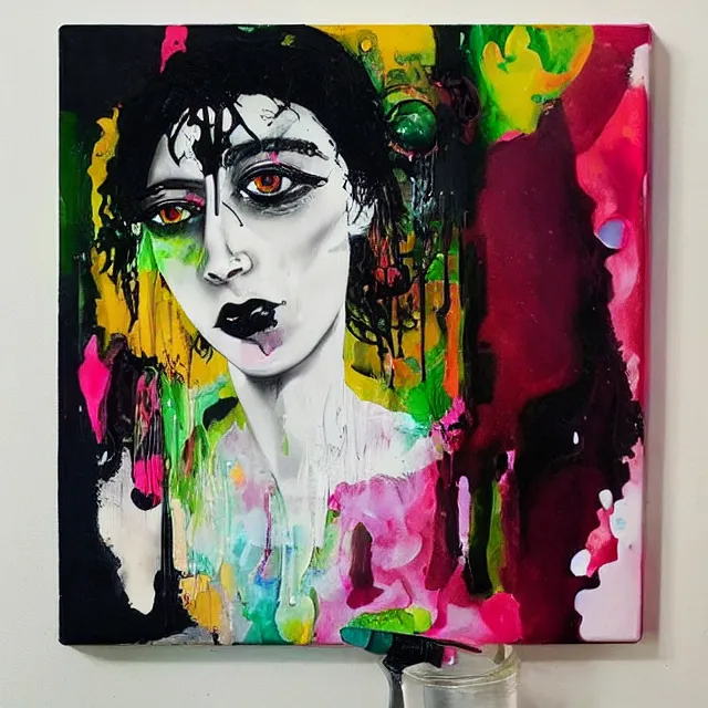 Prompt: “ a portrait in a female art student ’ s apartment, magic mushrooms, sensual, art supplies, a candle dripping white wax, berry juice drips, acrylic and spray paint and oilstick on canvas, surrealism, neoexpressionism ”