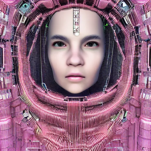 Image similar to swimming through a pile of modular synth cables, empathy machines, to see a kawaii puerto rican goddess staring through the mothership of your souls, wearing a headpiece made of circuit boards, by alastair reynolds and stanley kubrick, pink, trending on artstation, cinematic, 3 d render, photorealistic