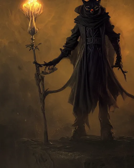 Image similar to oil painting of Anthropomorphized dark Cat Magician, wearing dark cloak, casting black magic spell, evil, glowing eyes, sharp focus, fantasy style, octane render, volumetric lighting, 8k high definition, by greg rutkowski, highly detailed, trending on art Station, magic the gathering artwork, very dark steampunk city backround, centered