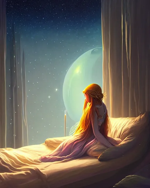 Image similar to beautiful painting of a elven sleeping on a bedroom, poster art by mor than, cgsociety, space art, sci - fi, cosmic horror, sense of awe, art by mike winkelmann, sky night, illustration, highly detailed, simple, smooth and clean vector curves, no jagged lines, vector art, smooth, artstation