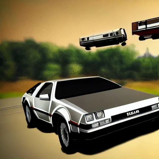 Prompt: a flying DeLorean chasing a train, 1980s photorealistic style