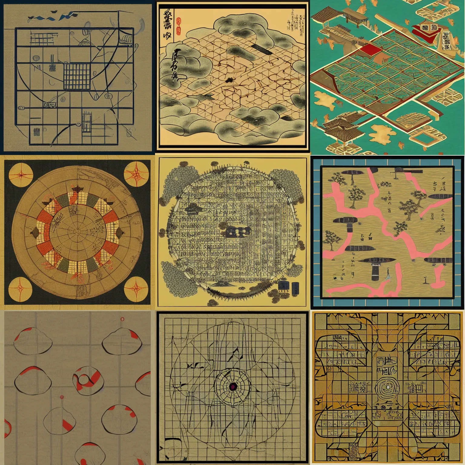 Prompt: map of a military base in the style of an ancient japanese painting, pattern with squares and circles, artstation