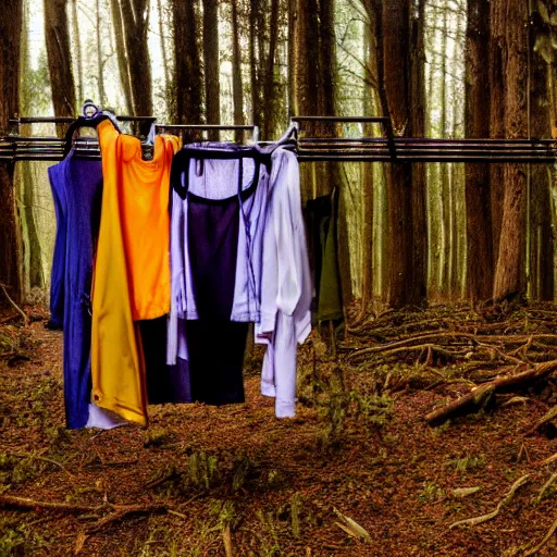 Image similar to clothes hanging on a clothes rack in a lonely eery forest, fever dream, award winning photography, dreamcore, weirdcore
