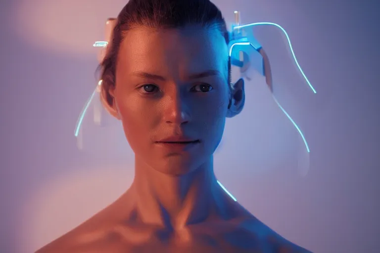 Image similar to VFX movie of a futuristic robot closeup portrait in living room, beautiful natural skin neon lighting by Emmanuel Lubezki