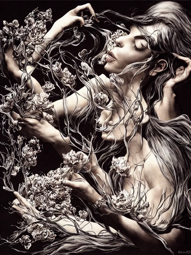 Image similar to fragrance advertising campaign by bernie wrightson, highly detailed