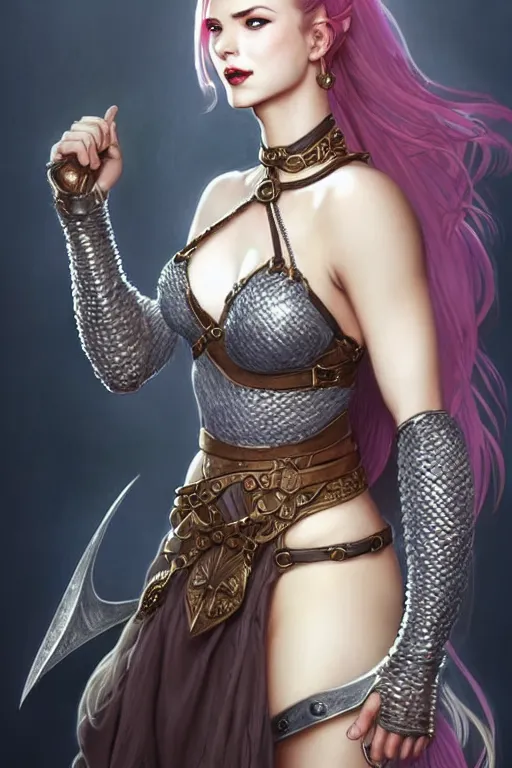 Image similar to Portrait of seductive female fighter, D&D, revealing stylish dress like chainmail, choker on neck, very long flowing hair, mouth slightly open, cute slightly nerdy smile, fantasy, intricate, elegant, stylish, highly detailed, digital painting, artstation, concept art, smooth, sharp focus, illustration, art by artgerm and greg rutkowski and alphonse mucha