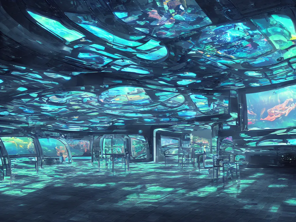 Image similar to visor with curved translucent screens projecting detailed sci - fi art ( 2 0 4 2 ), pixel perfect photograph, high contrast, volumetric lighting, thin glowing lights, underwater, chairs, users, pair of keys