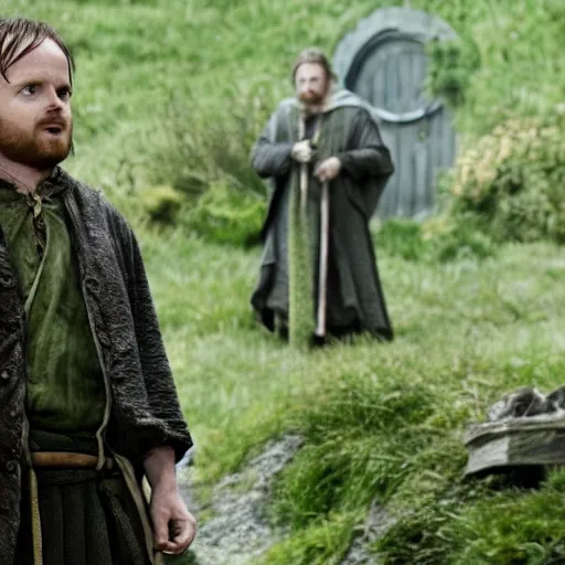 Prompt: Aaron Paul as a hobbit, still from Lord of the Rings