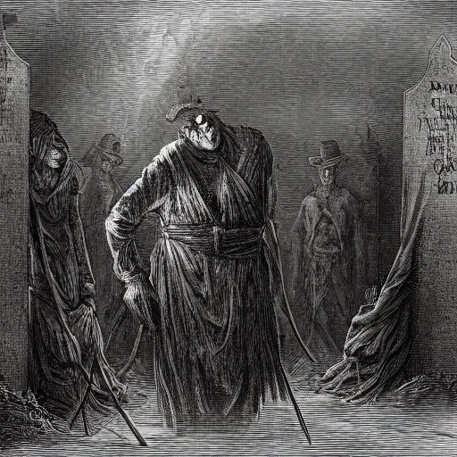 Prompt: 9 steel barrels in a graveyard, 2 zombies, creepy atmosphere, dark, portrait, realistic, illustration by gustave dore