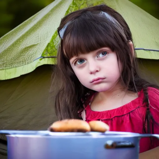 Image similar to big - eyed brunette sweet little girl looking sad in front of barbecue near tent at camp, artistic 4 k