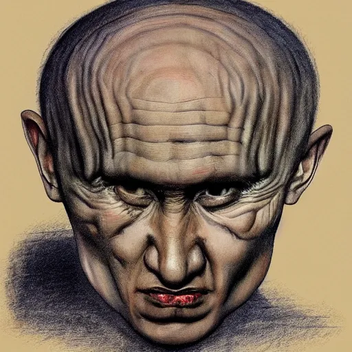 Image similar to portrait by giger of vladimir putin who became an lovecraftian worm monstrosity, photo - realistic, color image, 2 k, highly detailed