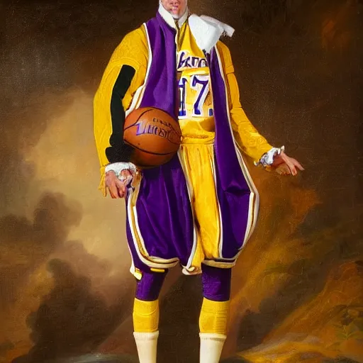 Image similar to official portrait of the los angeles lakers dictator, 1 7 8 0, in full lakers military garb. oil on canvas by william sidney mount, oil on canvas, octane render