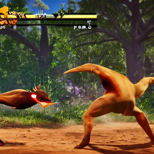 Image similar to screenshot of animal fighting game on ps 4, bird vs lizard, unreal engine,