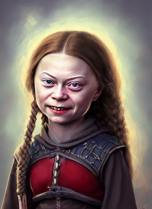 Image similar to portrait of greta thunberg as a cute medieval goblin girl with lipstick and long eyelashes, beautiful face, hyper realistic, highly detailed, digital painting, artstation, illustration, concept art by hyung tae and frank frazetta, digital paint, matte paint, washed colors, dark, gloomy