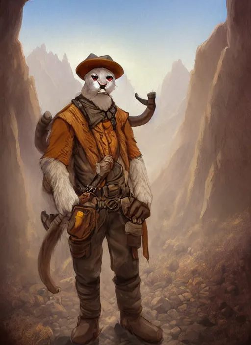 Image similar to fursona commission of a anthro albino mountain lion wearing old-timey miner's clothes. pretty, beautiful, DnD character art portrait, matte fantasy painting. Desert mining town. DeviantArt Artstation, by Jason Felix by Steve Argyle by Tyler Jacobson by Peter Mohrbacher, cinematic lighting