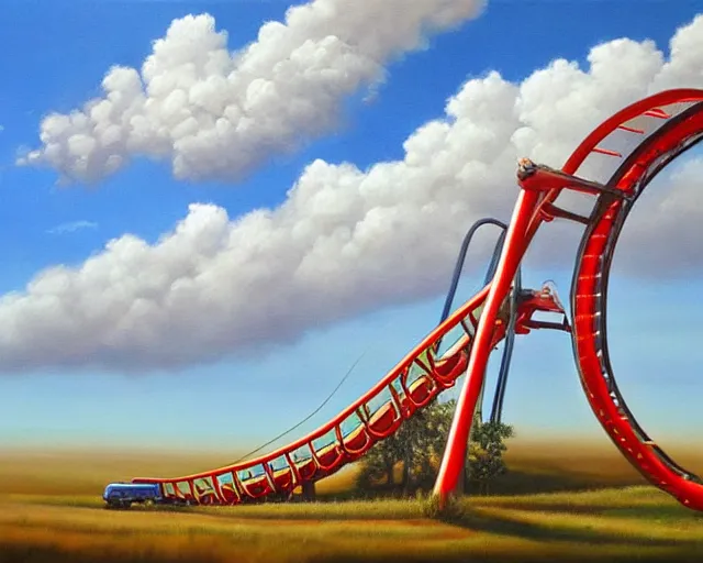 Prompt: hyperrealism oil painting of a rollercoaster wagon in the sky, clouds