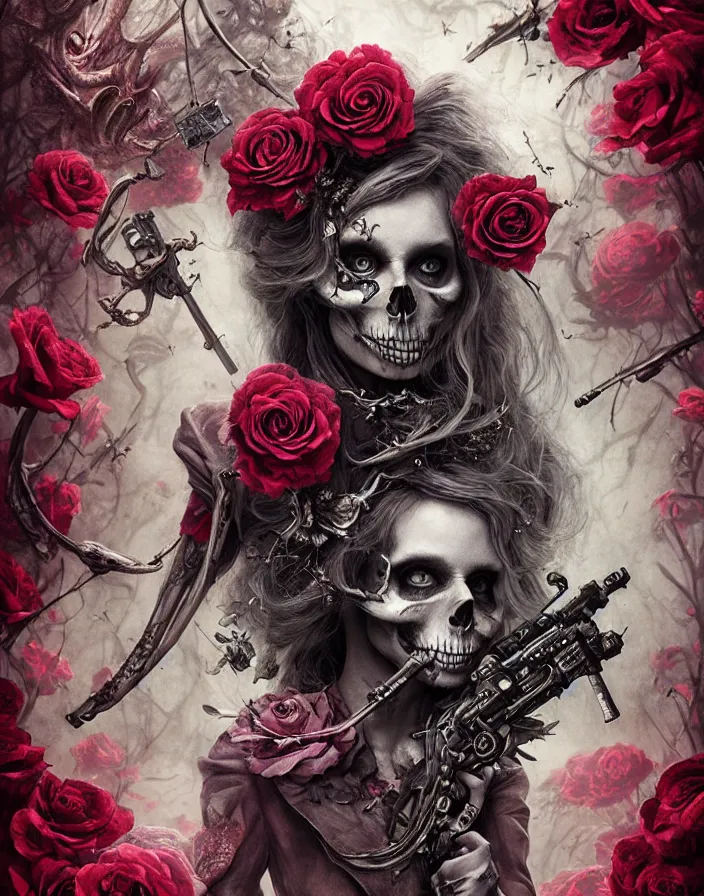 Image similar to Alice in Wonderland,roses, bullets, guns,death tarot card,highly detailed,half skull face,cinematic,8k,by Stanley Artgermm,Tom Bagshaw,Greg Rutkowski,Carne Griffiths, Ayami Kojima, Beksinski, Giger,trending on DeviantArt,hyper detailed,horror, full of colour