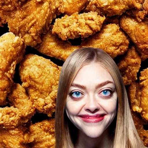 Image similar to a face made of fried chicken, fried chicken face looking like amanda seyfried