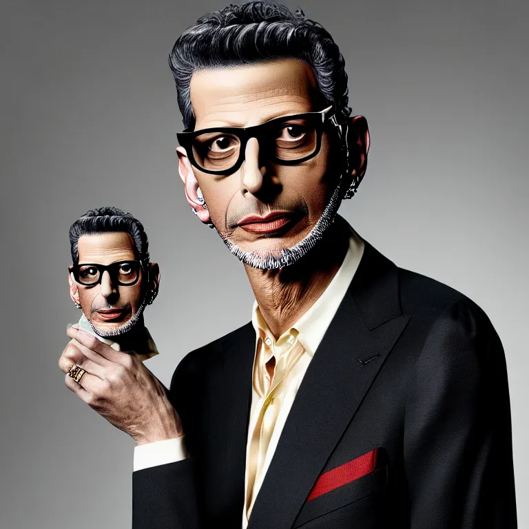 Prompt: a very beautiful gucci portrait of jeff goldblum, highly detailed, intricate, photography, fashion