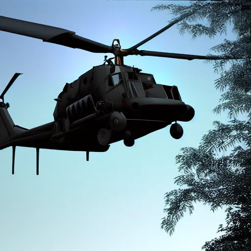 Image similar to UH-60 Helicopter flying over jungle at dawn high detail render