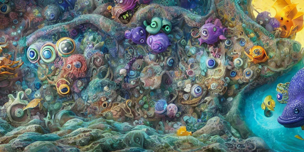 Image similar to of an intricate sea reef with strange cute friendly happy creatures with huge eyes, mouth, long tongue, round teeth and goofy face, appearing from the background, in the style of gehry and gaudi, macro lens, shallow depth of field, ultra detailed, digital painting, trending artstation, concept art, illustration, cinematic lighting, photorealism, epic, octane render