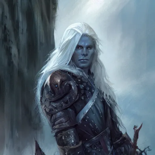Prompt: portrait of drizzt do'urden, drow, dungeons and dragons character, castle background, gorgeous view, realistic, high detail, digital art, painted by greg rutkowski, painted by jeremy mann, trending on artstation