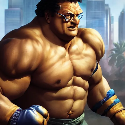 Image similar to wayne knight as e. honda street fighter, ultra realistic, concept art, intricate details, highly detailed, photorealistic, octane render, 8 k, unreal engine, art by frank frazetta, simon bisley, brom