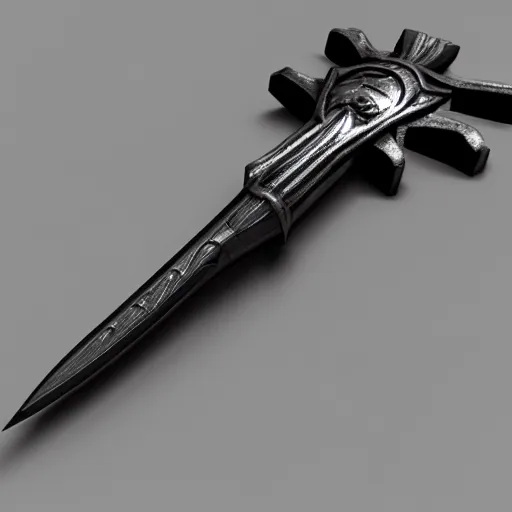 Image similar to a black sword skull handle, ornament, weapon, a 3 d render by dom qwek, studio lighting, raytracing, trending on polycount, futurism, hard surface modeling, rendered in maya, 3 ds max, blender, artstation hd, vray