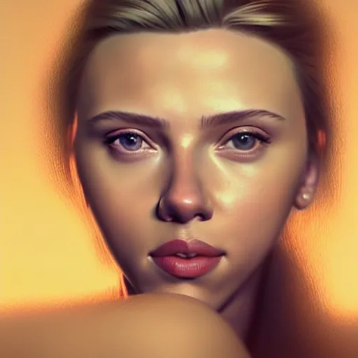 Image similar to intricate beautiful portrait of a young scarlett johansson,, hair in a ponytail, smiling softly, casual clothes, relaxing on the couch, home interior, golden hour, close up shot, 8 k, hyperreal art by irakli nadar, hyperrealism, hyperdetailed, ultra realistic