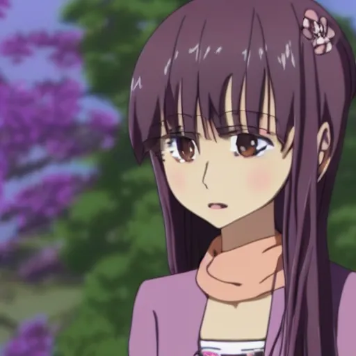 Image similar to anime screenshot of a female character with purple long hair and a small pet