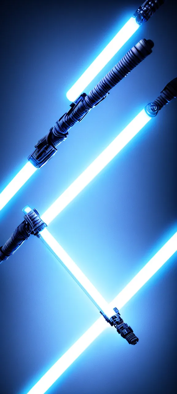 Image similar to detailed cinematic render, of a blue cyberpunk lightsaber lying vertically, in a dark room, photo from above, octane render 8 k, digital art, lightsaber wallpaper 4 k, ray tracing, jedi fallen order lightsaber wallpaper 4 k, cal kestis lightsaber wallpaper