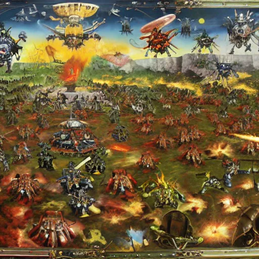 Prompt: , warhammer 4 0 k space @ marines in a heated battle, in the style of the garden of earthly delights painting by jerome bosch