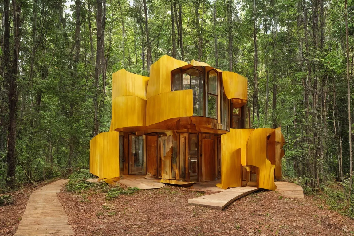 Image similar to a tiny leveled house in a forest, designed by Frank Gehry. Big tiles. Small wooden pathway . Film grain, cinematic, yellow hue