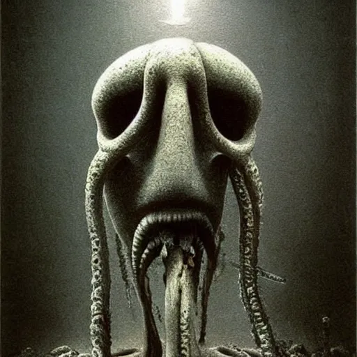 Prompt: squidward beksinski, spine chilling eldritch, terrifying, creepy creature, horror spooky