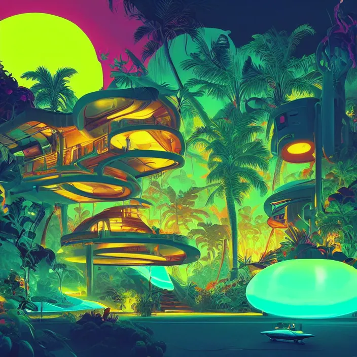 Image similar to a bioluminescent neon tropical cottage by paolo eleuteri serpieri and tomer hanuka and chesley bonestell and daniel merriam and tomokazu matsuyama, unreal engine, high resolution render, featured on artstation, octane, 8 k, highly intricate details, vivid colors, vector illustration