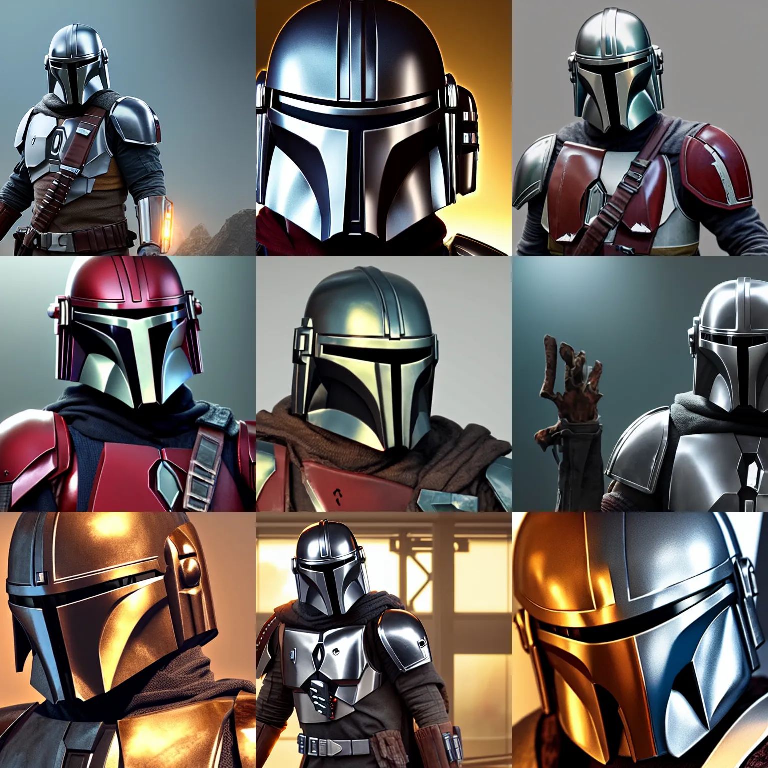 Prompt: unreal engine 5 quality render, photorealistic portrait, studio lighting, still photo of the mandalorian, crisp quality and light reflections, bright studio setting, highly detailed