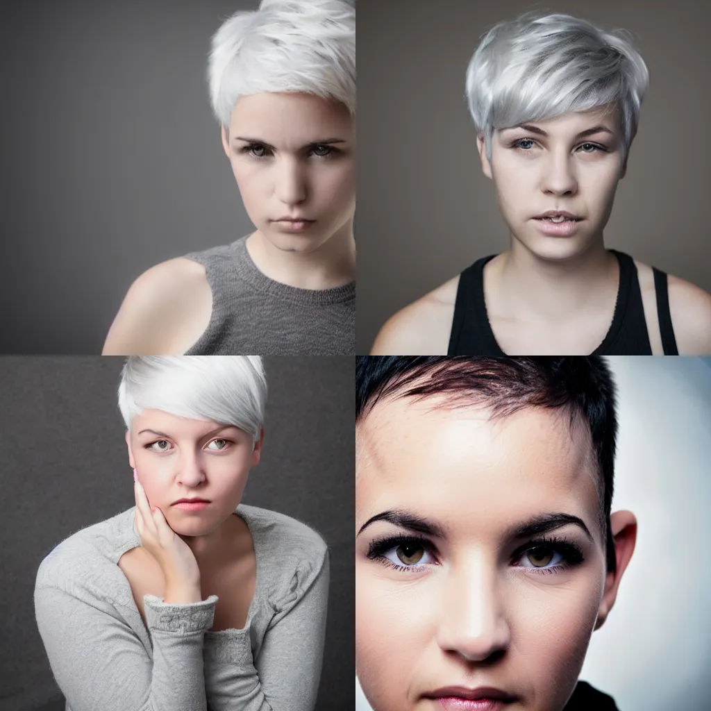 Prompt: young woman with short white hair and grey eyes. She is apathetic.