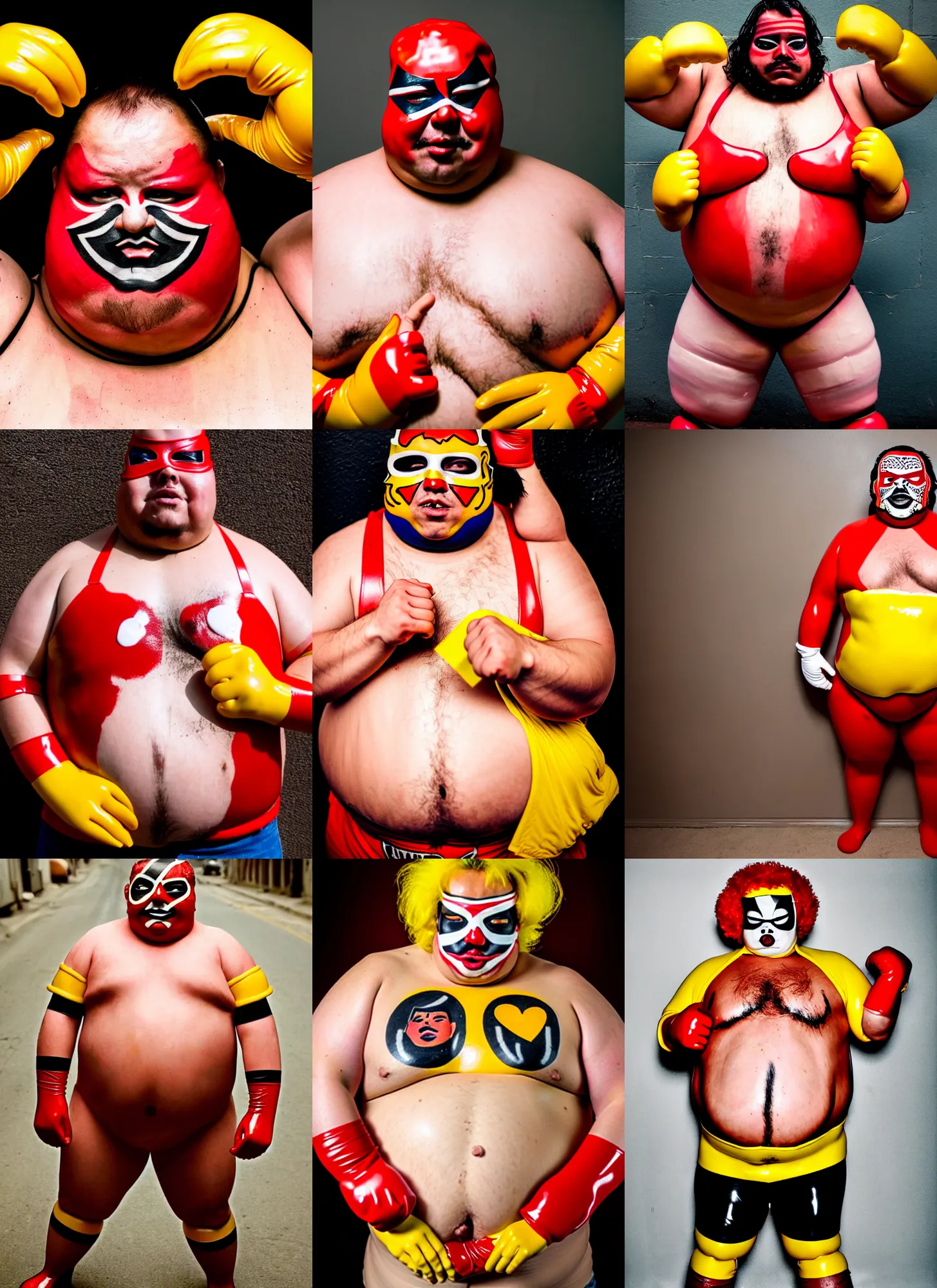 Prompt: portrait of a very chubby looking Lucha libre, a hamburger tattooed on the bare chest, red and white color stripe latex sleeves, yellow latex gloves, red Ronald McDonald messy hair
