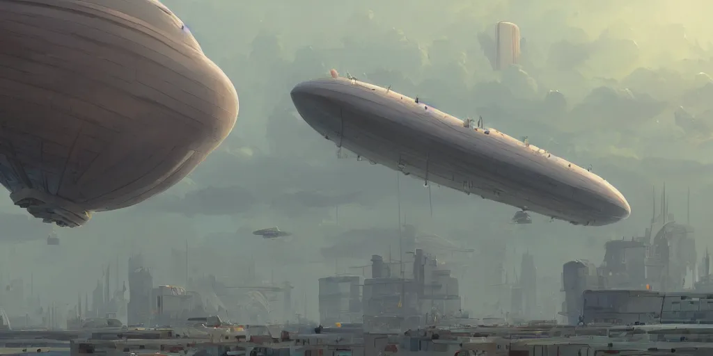 Image similar to gigantic airship floating over a modern city in summer, science - fiction, goro fujita, artstation