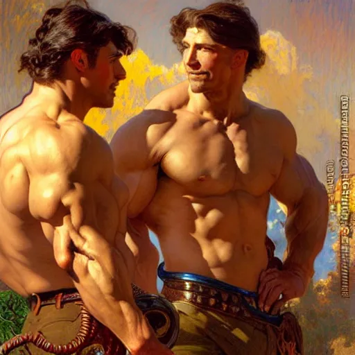 Image similar to attractive muscular mike and muscular attractive ty, drinking their hearts out, boys night out. highly detailed painting by gaston bussiere, craig mullins, j. c. leyendecker, alphonse mucha 8 k