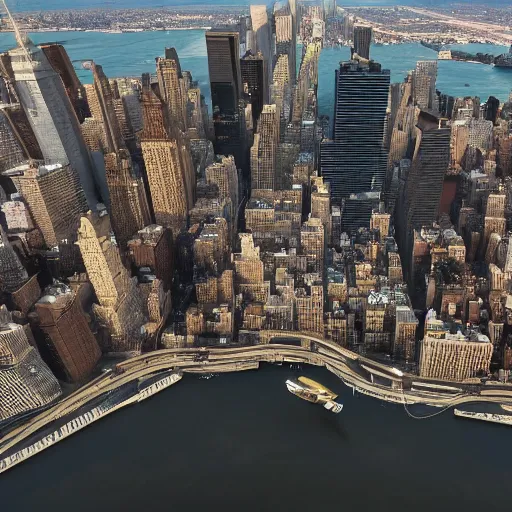 Image similar to 3rd person view, helicopter, flying over new york skyline, 4k, HD, cinematic lighting